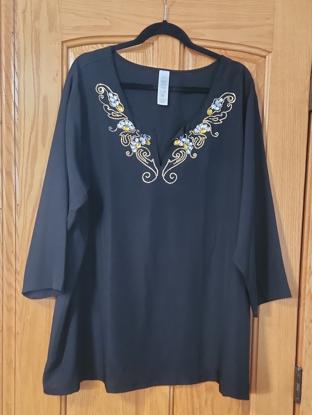 Black Embellished V-Neck Women's Top